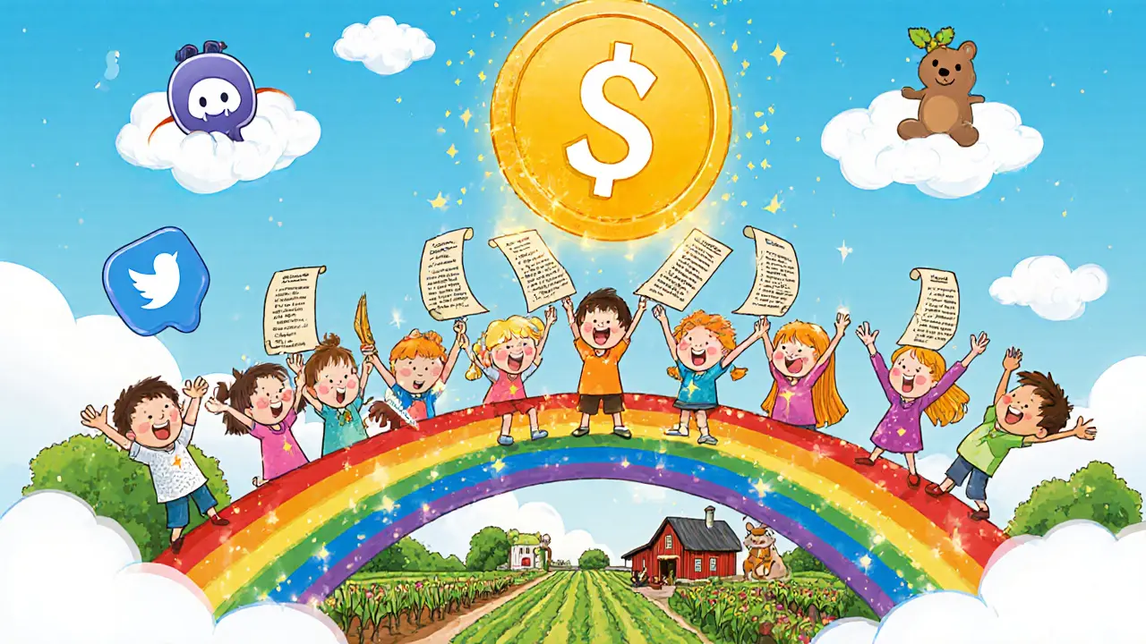 101 children holding ingredient NFTs on a rainbow bridge, with social media animals watching from the sky.