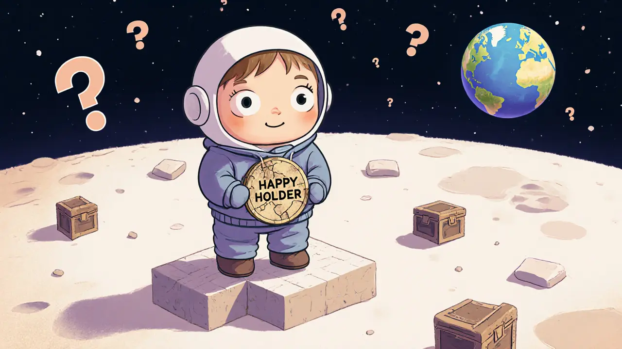A child astronaut stands alone on a blockchain moon holding a faded NFT badge.
