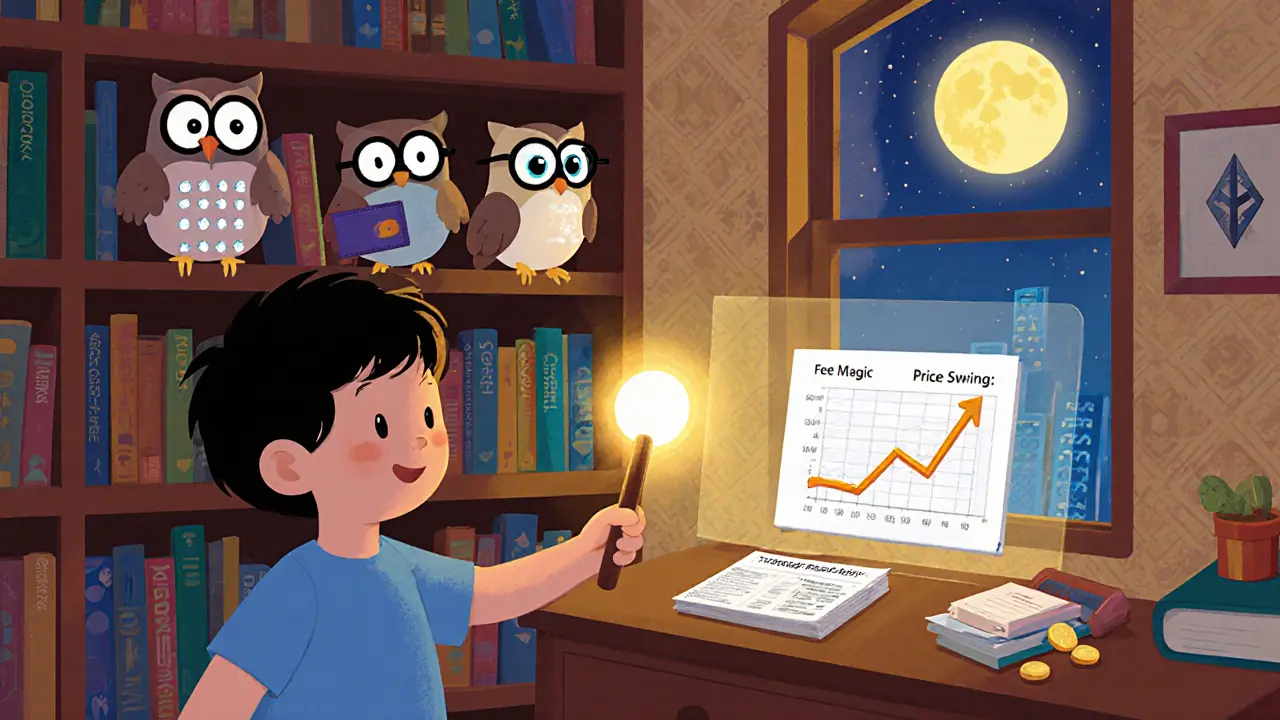 A child in a DeFi library uses a wand to visualize token changes, while wise owl tools offer guidance on a bookshelf.