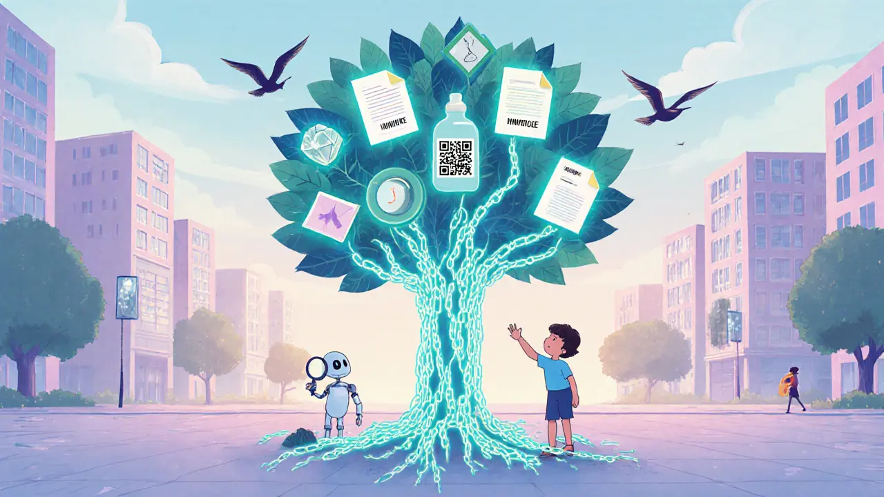 A digital tree with document leaves grows in a city, a child touches a leaf as a robot checks it with a magnifying glass.