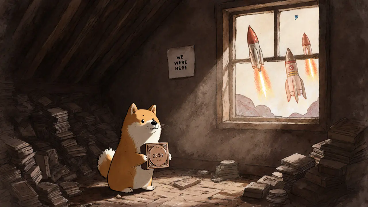 A lonely Shiba Inu holds a forgotten NFT in a dusty attic while new rockets fly past the window.