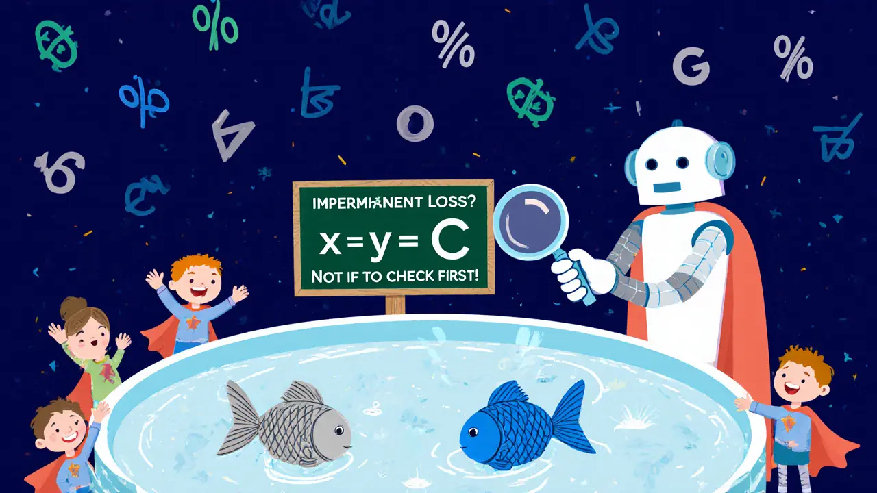 A robot calculates impermanent loss in a glowing pool with two fish representing crypto assets, surrounded by curious characters.