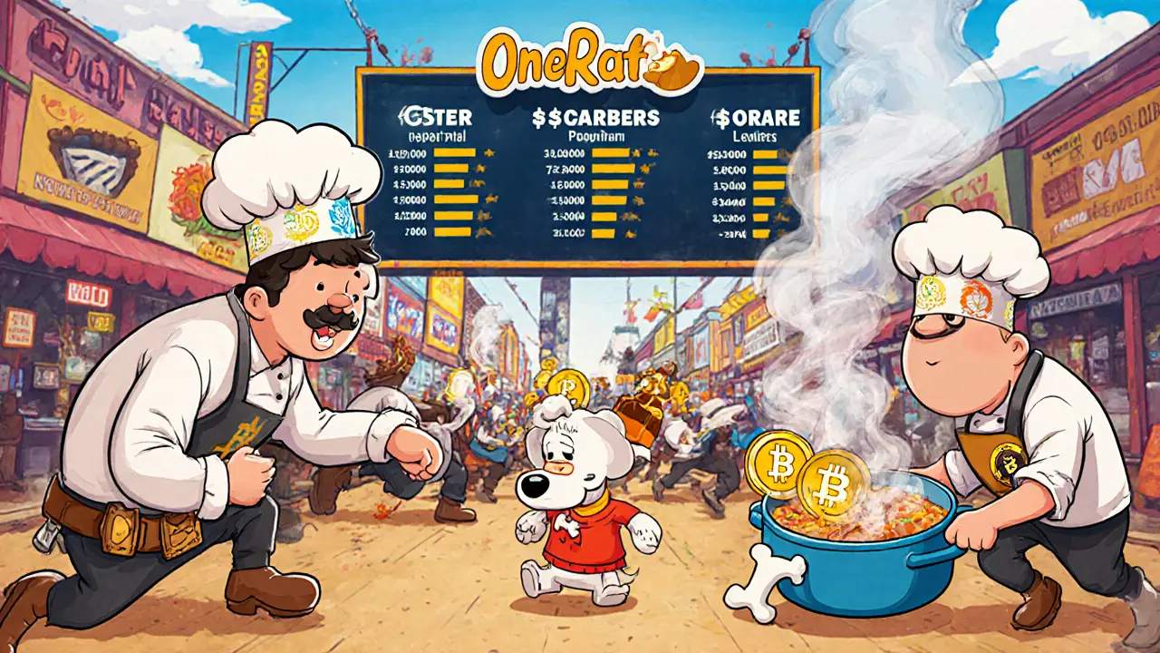 Cartoon chefs racing in food trucks, cooking with NFT ingredients under a glowing leaderboard in the sky.