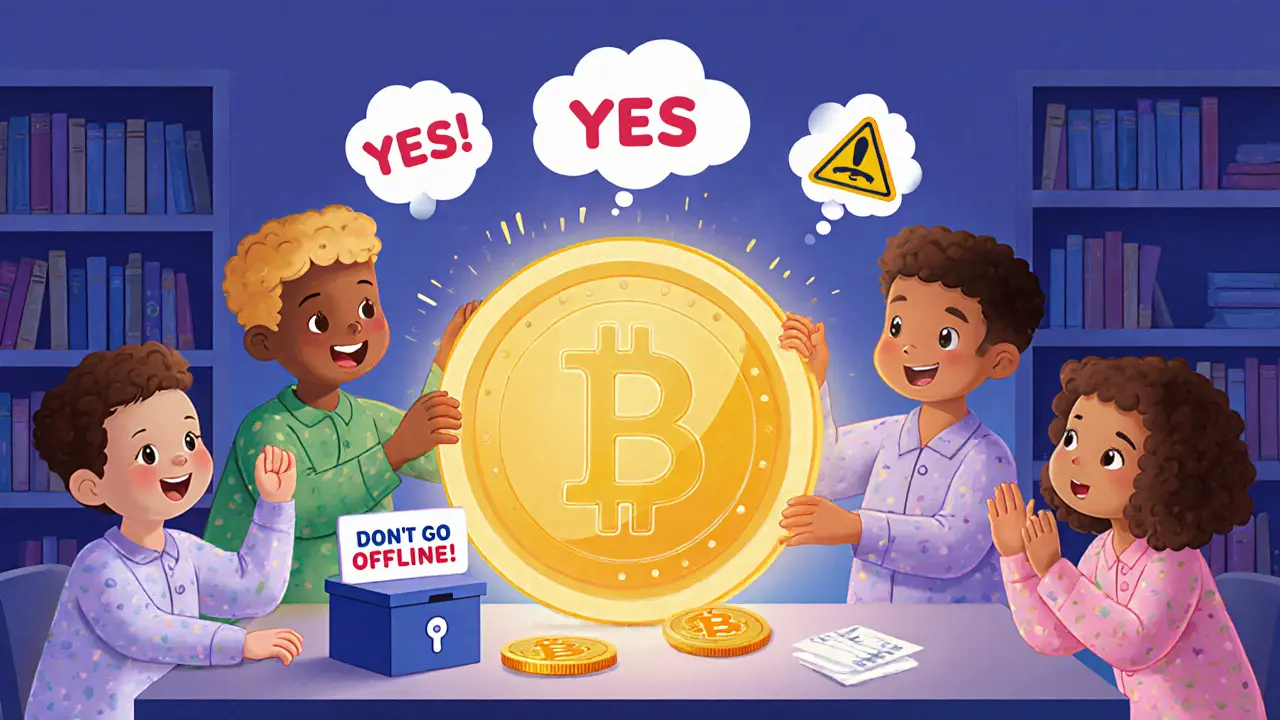 Children place a token into a magic staking box while vote buttons float above.