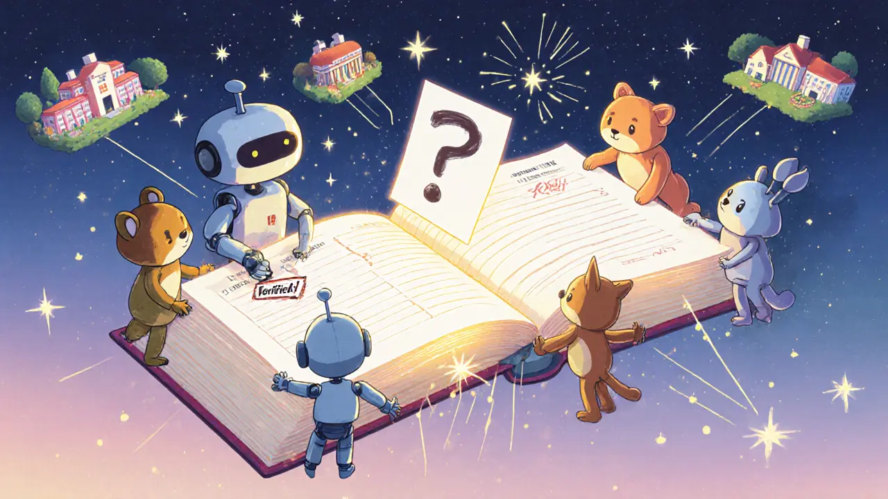 Friendly robots and animals gather around a floating ledger book that rejects wrong entries and accepts verified ones.