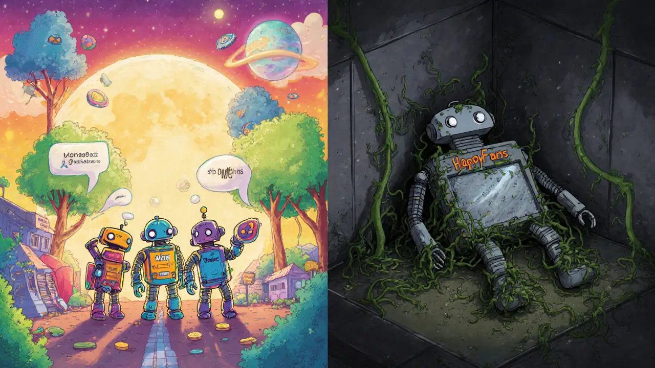 Friendly robots build a thriving space station while a broken robot lies covered in vines.