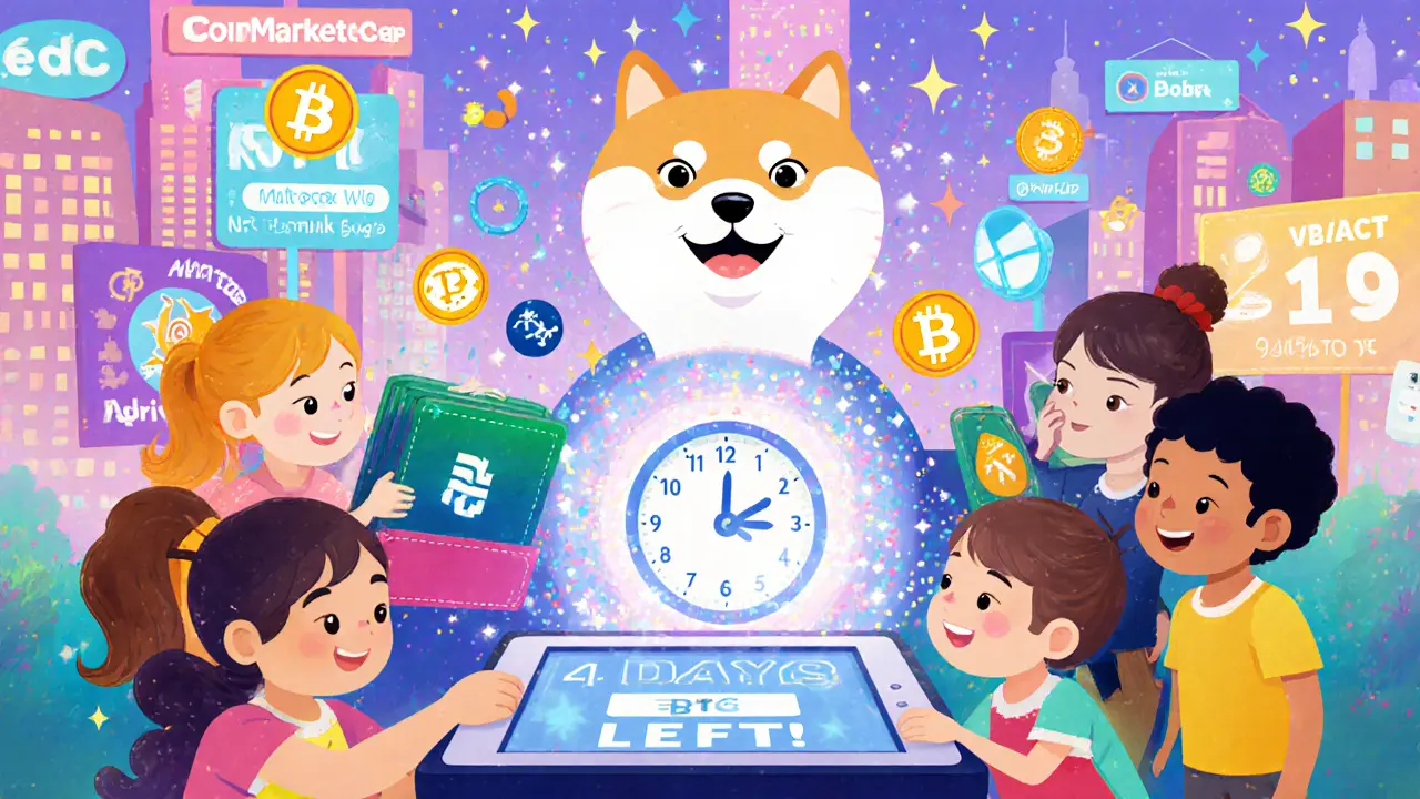 Kids connect wallets to a Shiba Inu-shaped portal as NFTs burst out during a countdown event.