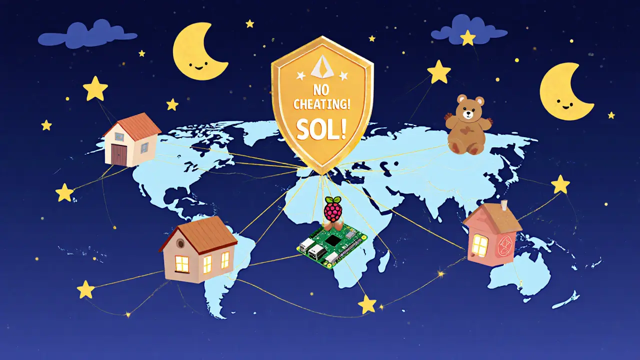 Tiny validator houses around the world glow and connect with golden lines under a starry sky.