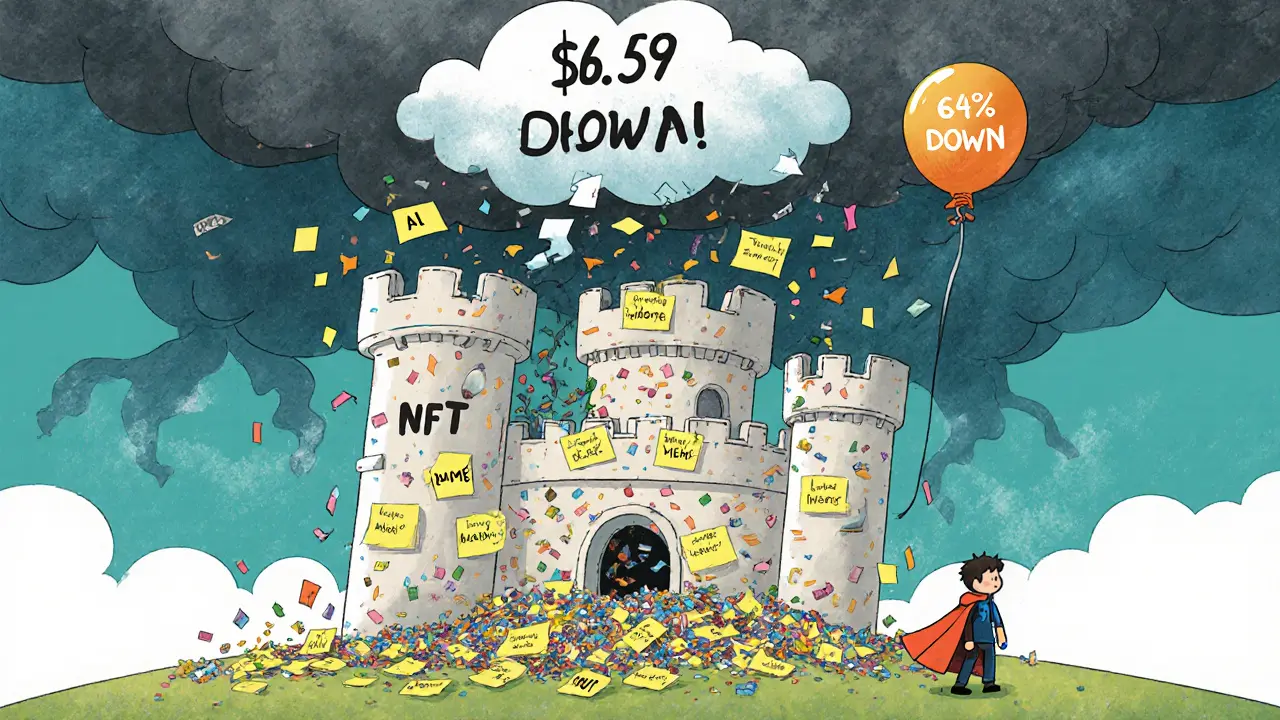 A castle made of hype labels crumbles as a disappointed investor watches, with a falling price balloon.