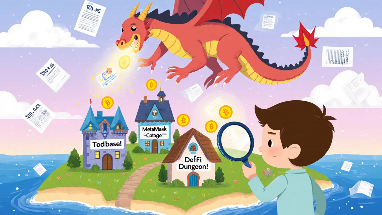 A child exploring a map of crypto wallets on an island, with coins jumping out and a number-breathing dragon above.
