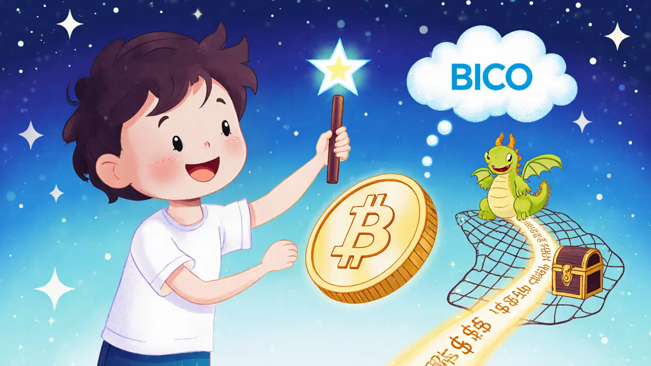 A child holds a magic wand splitting into two paths: one to a treasure chest, one to a safety net, as a coin bounces between them.