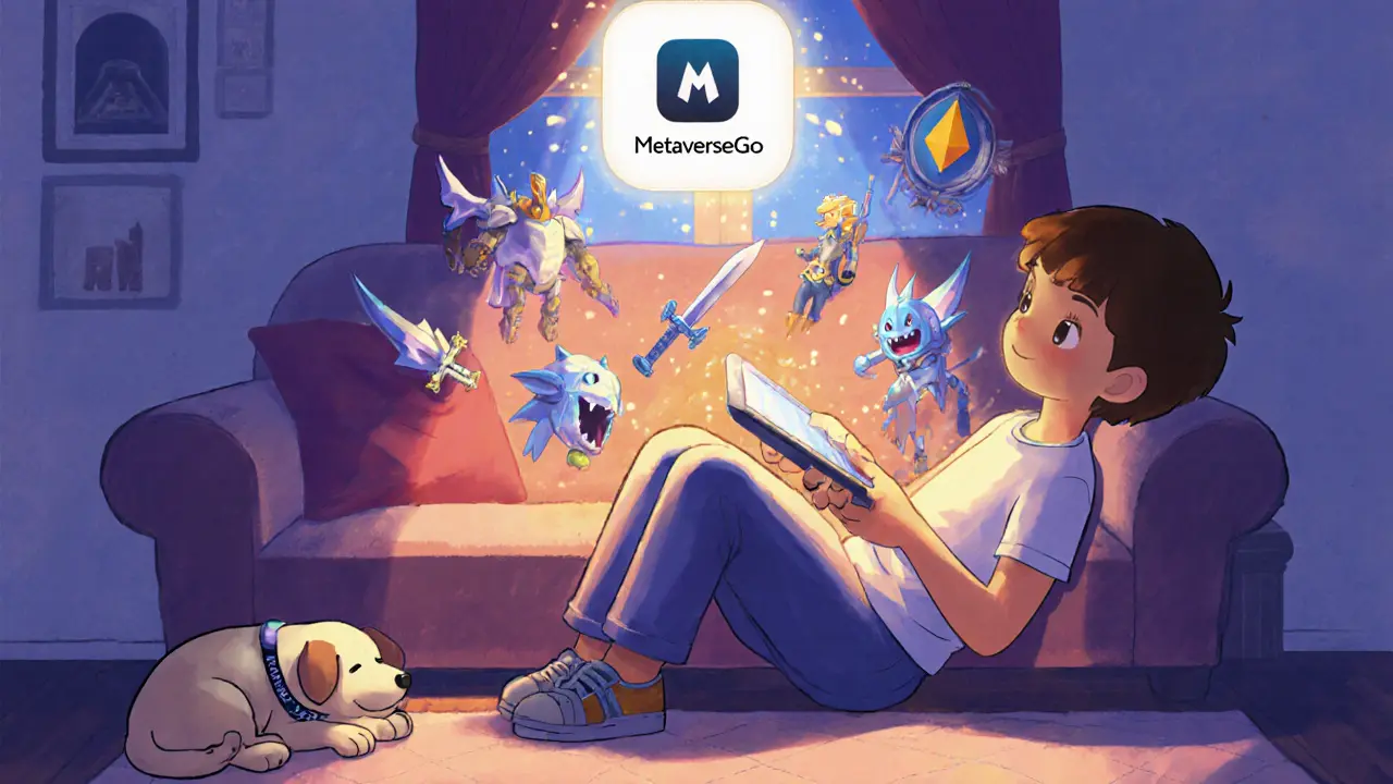 A child plays a game on a tablet, with NFT items coming to life in their cozy room.