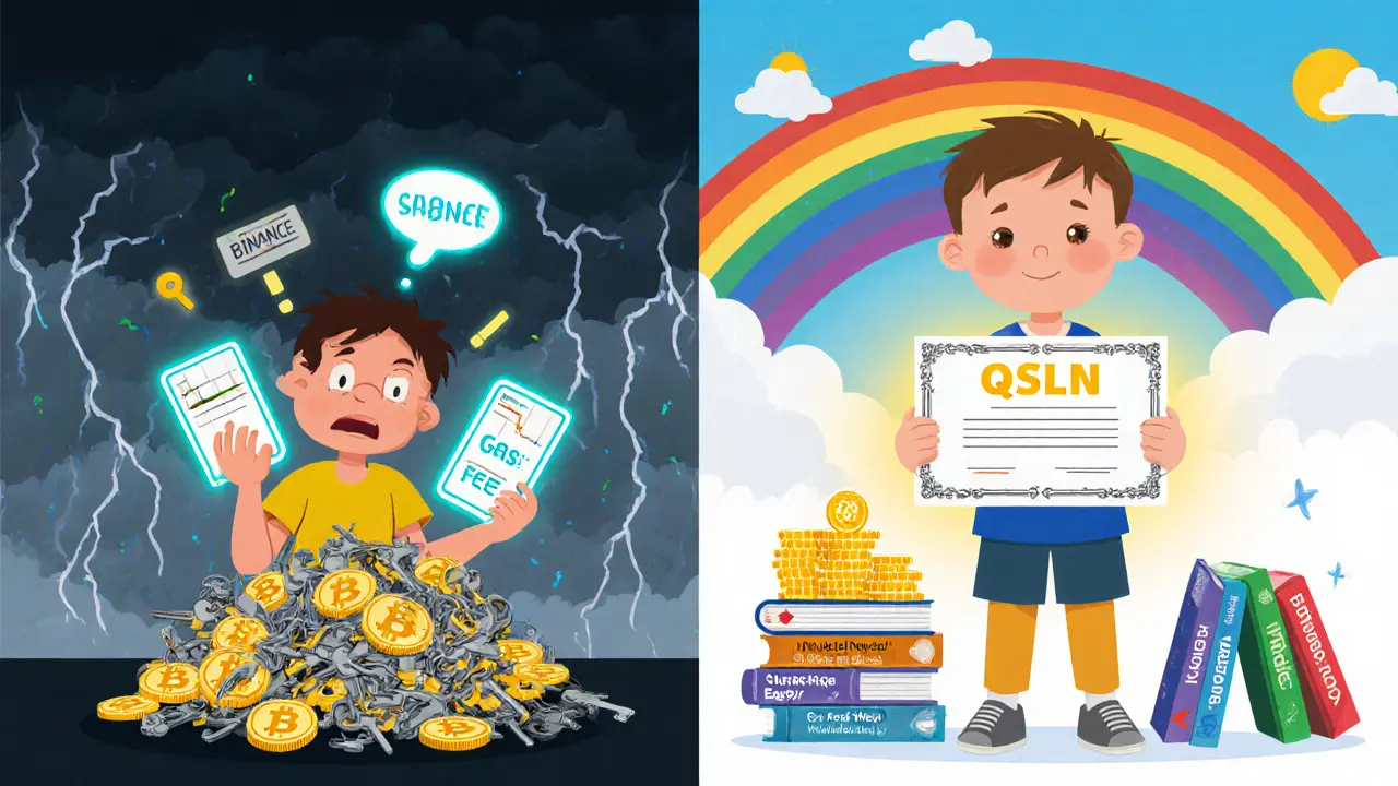 A confused person with crypto chaos contrasts with a calm child holding a simple ETF certificate under a rainbow.