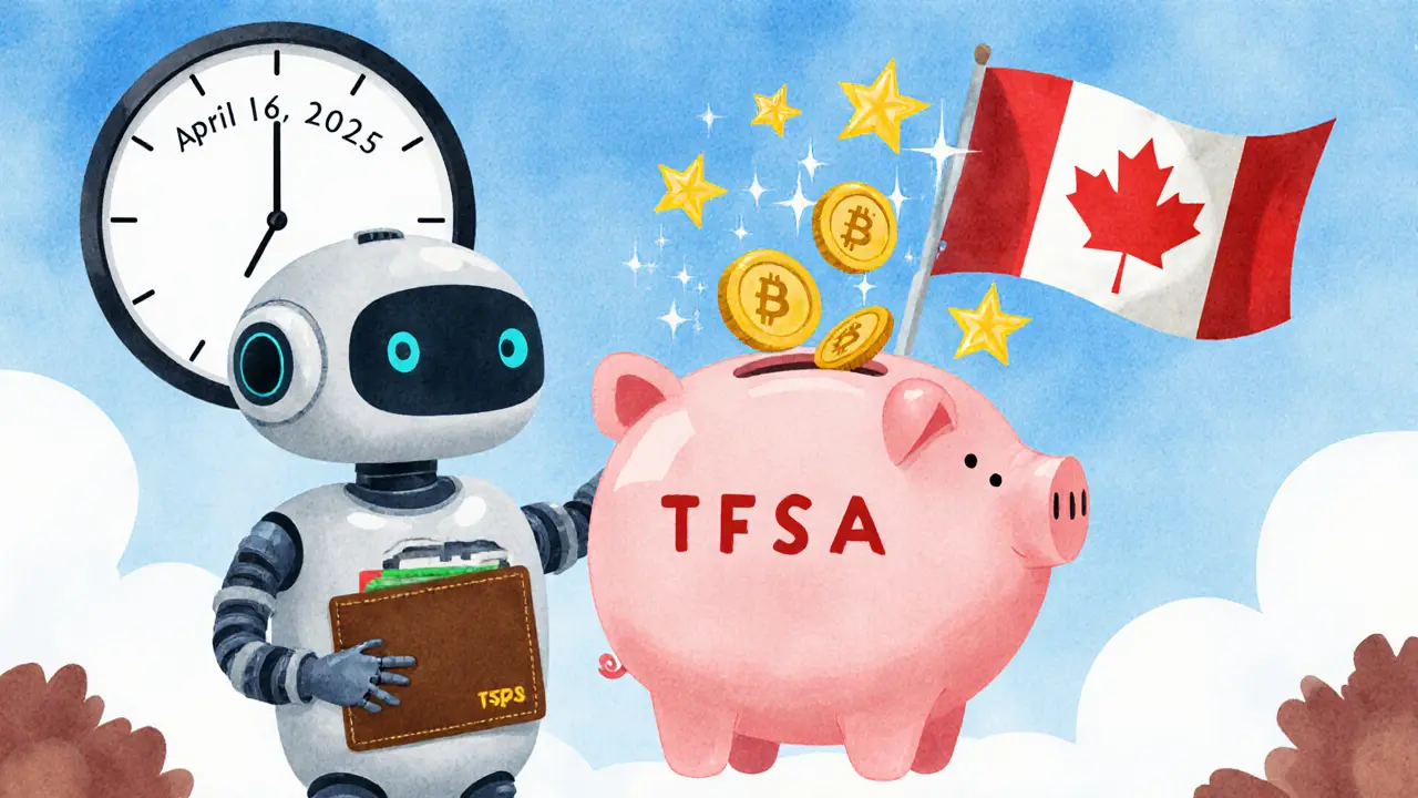 A friendly robot puts Solana tokens into a TFSA piggy bank as staking stars sparkle upward under a Canadian maple leaf flag.