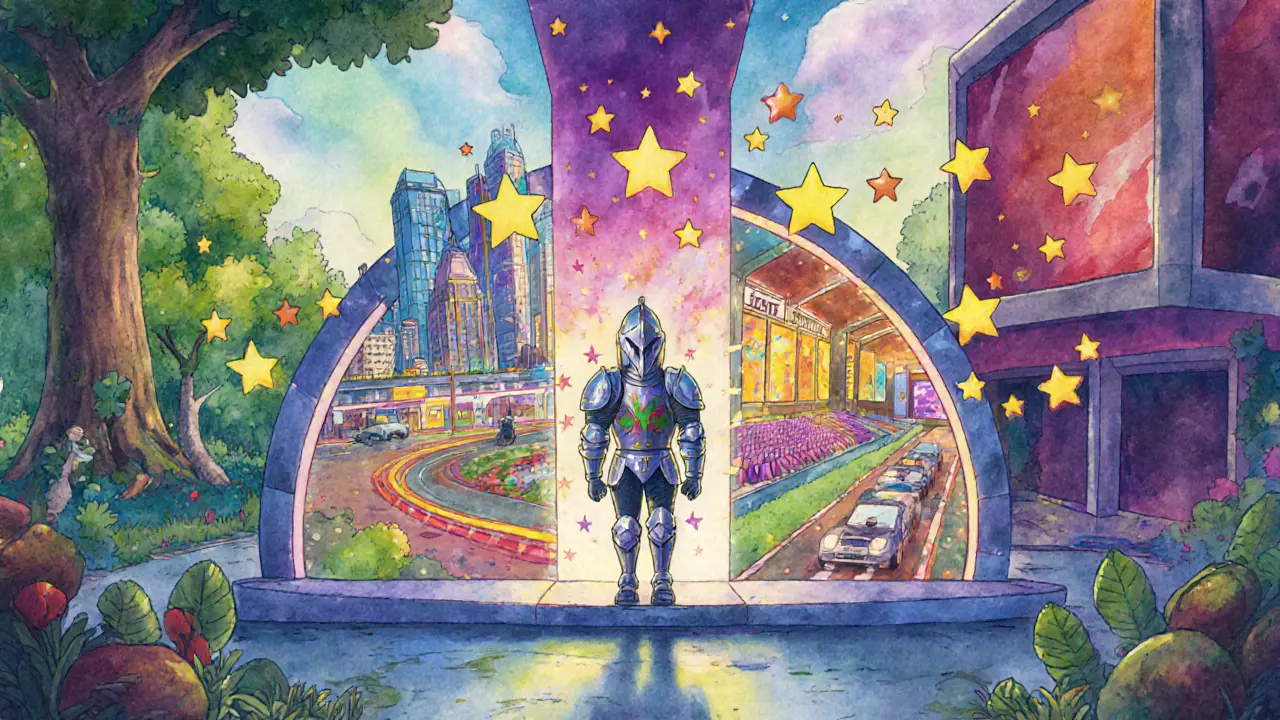 A knight travels through multiple game worlds, their armor changing as they move between worlds.