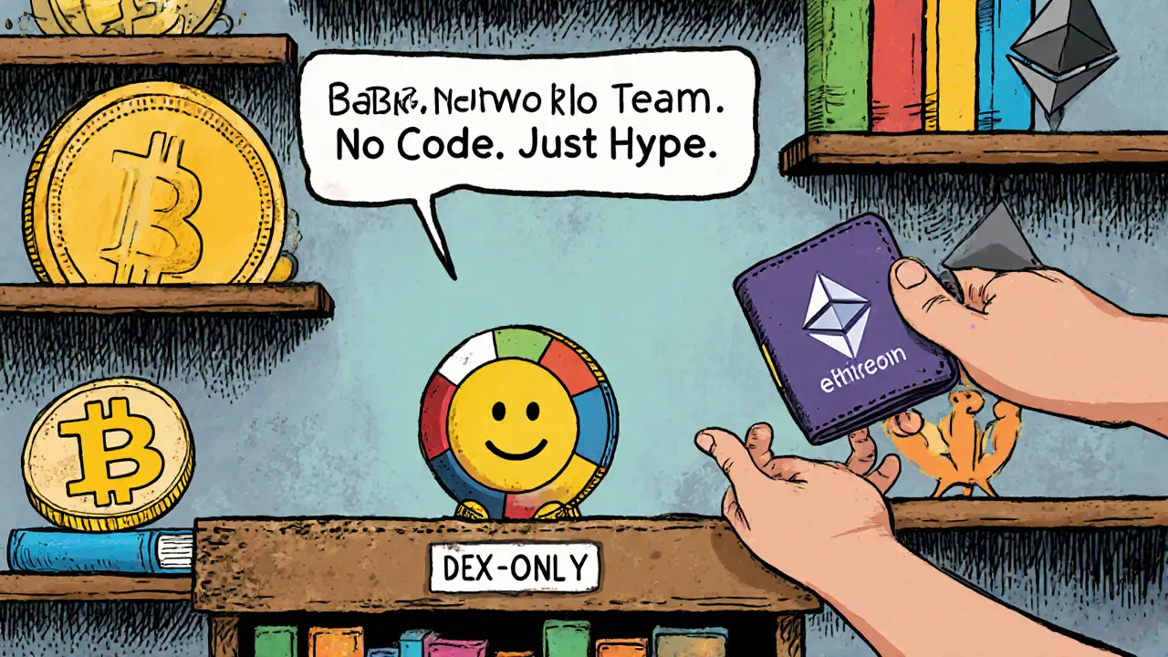 A lonely KUDAI coin sits on a dusty shelf while larger cryptocurrencies look down from bookshelves.