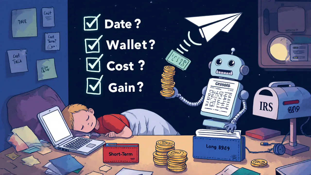 A sleepy child at a desk with sticky notes and toy wallets, helped by a calculator robot, preparing tax forms.