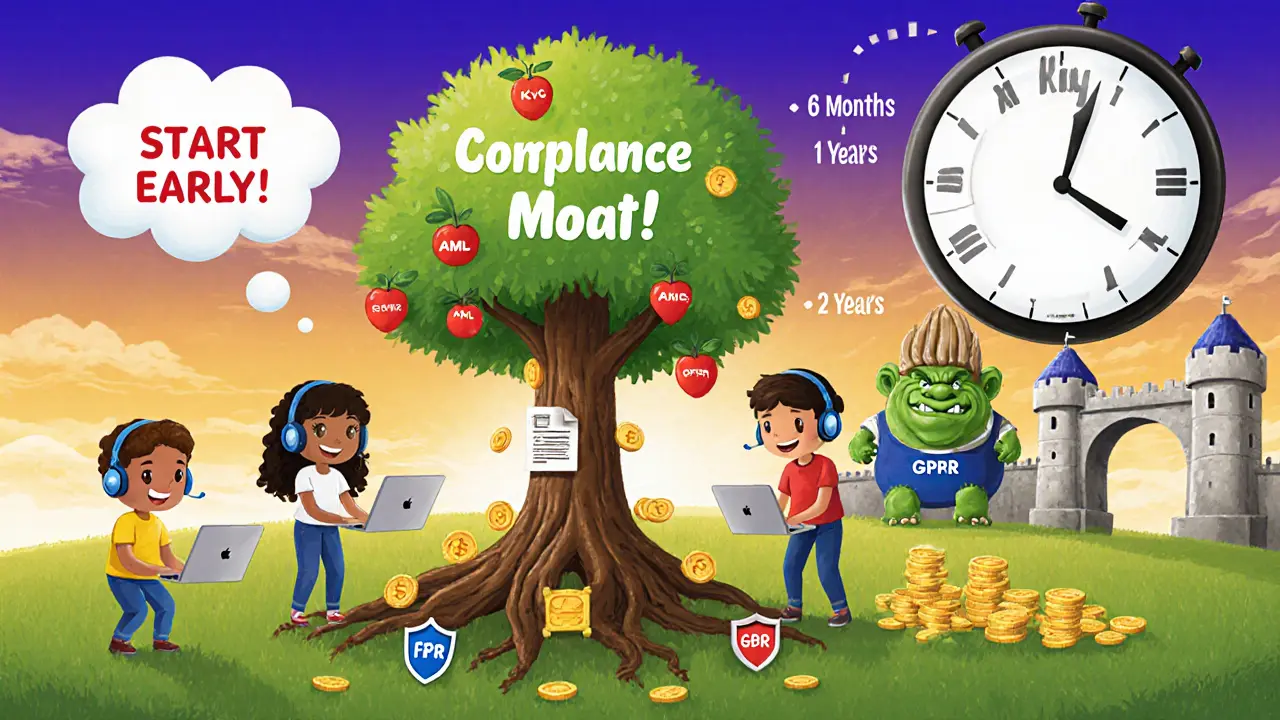 A team plants a tree labeled &#039;Compliance Moat&#039; while a fined troll stays locked far away.