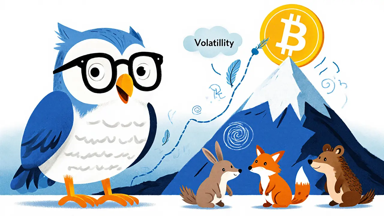 An owl teaches animal traders how a trailing stop follows a rising Bitcoin coin up a mountain, with a storm cloud below.