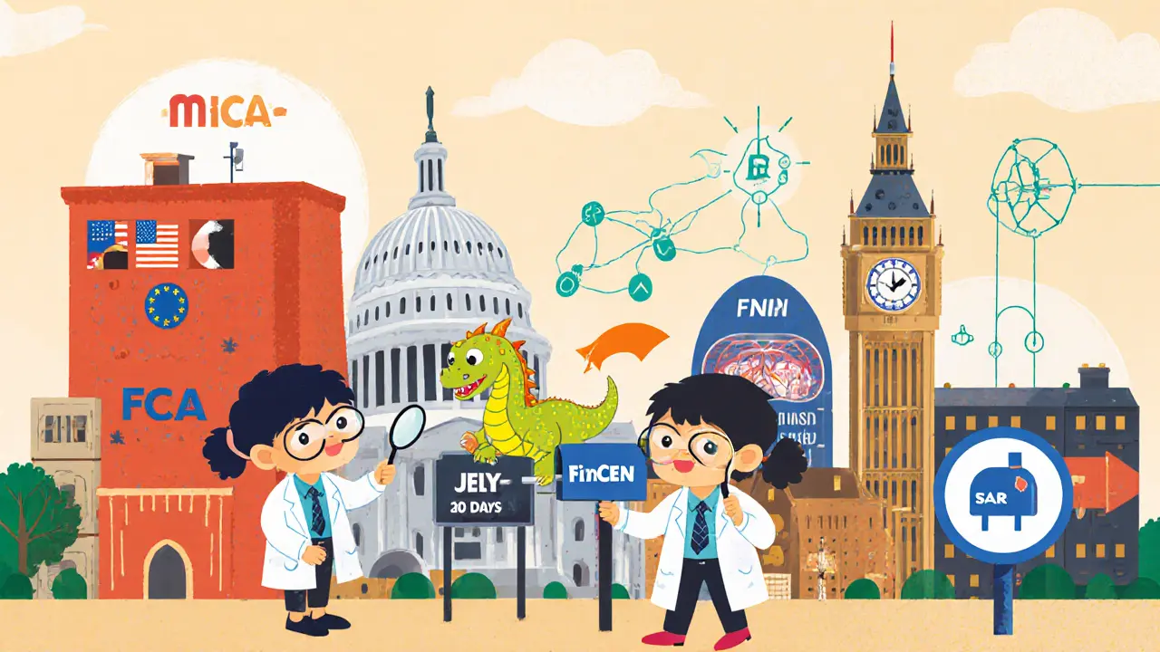 Children scan blockchain trails with AI dragons in a town shaped like global regulators.