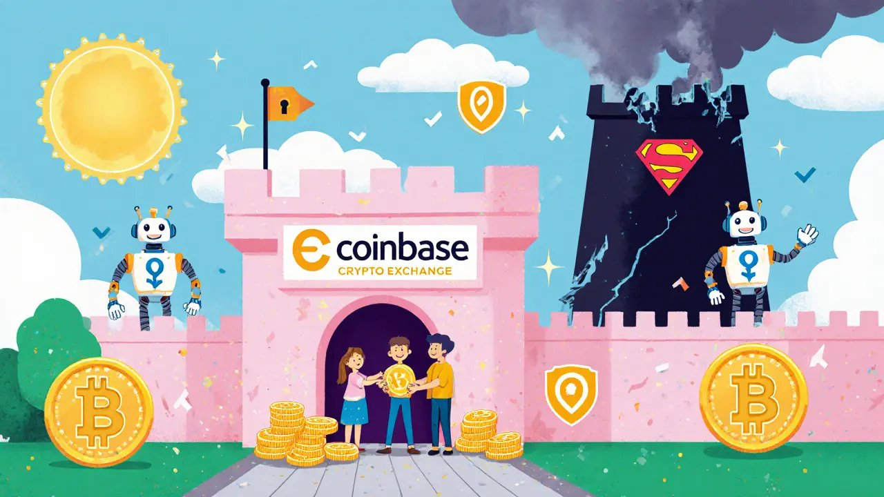 A bright, safe crypto exchange castle glows while Kryptono crumbles into smoke in the background.