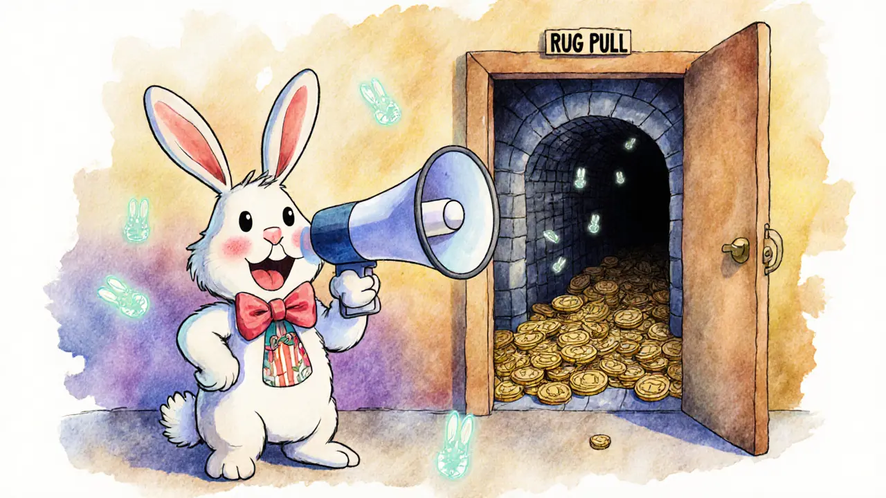 A celebrity rabbit promotes NFT bunnies while a dark tunnel labeled &#039;Rug Pull&#039; opens behind them.