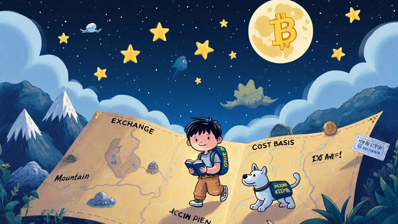 A child follows a treasure map through Crypto Tax Adventure landmarks, guided by a robot dog, under a moon shaped like a crypto coin.