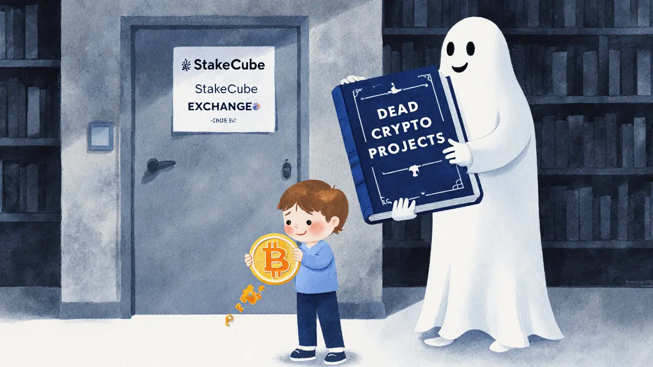 A child holds a broken coin in front of a closed exchange door while a librarian ghost closes a book.