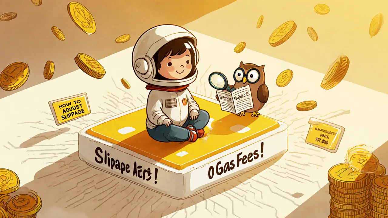 A child on a giant swap button with warning signs and an owl teaching slippage adjustment.