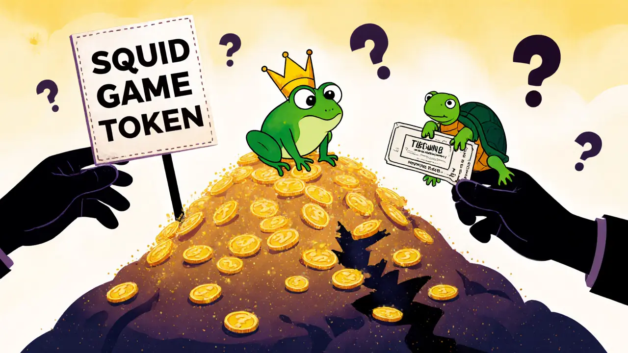 A crowned frog sits on a pile of tokens as shadowy hands pull the ground away beneath it.