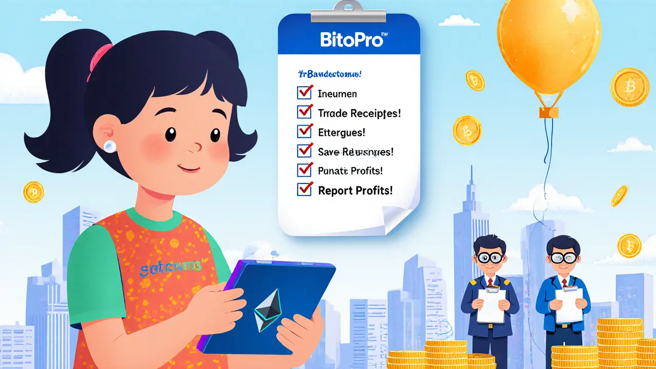 A girl trades crypto on a tablet while a floating checklist reminds her to track, save, and report, with cartoon tax inspectors nearby.