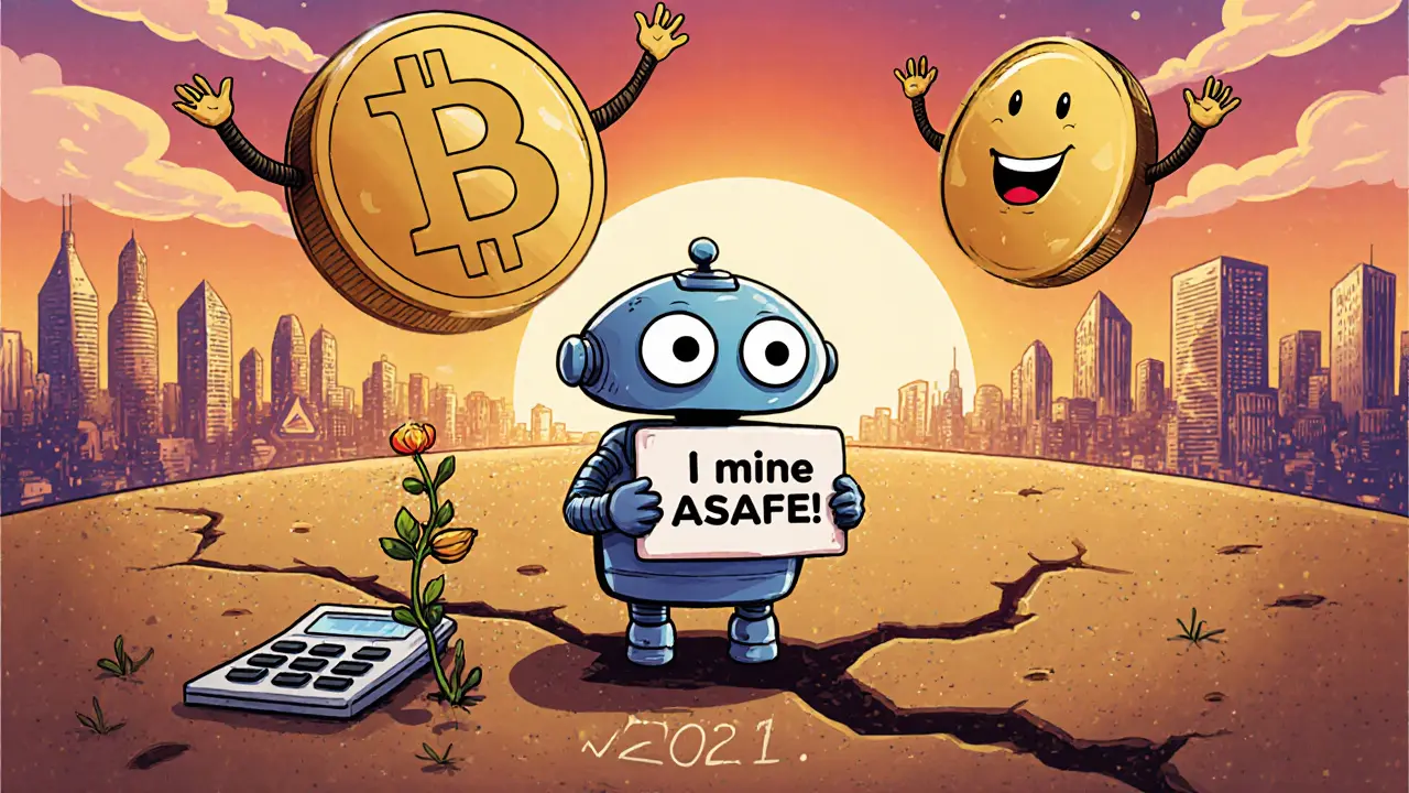 A small robot stands alone on a barren digital planet with a wilting flower and distant thriving coins above.