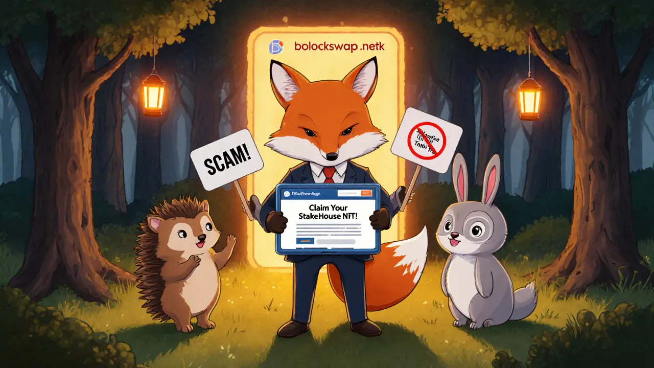 A sneaky fox tries to trick animals with a fake website, while they hold up warning signs and a safe portal glows in the distance.