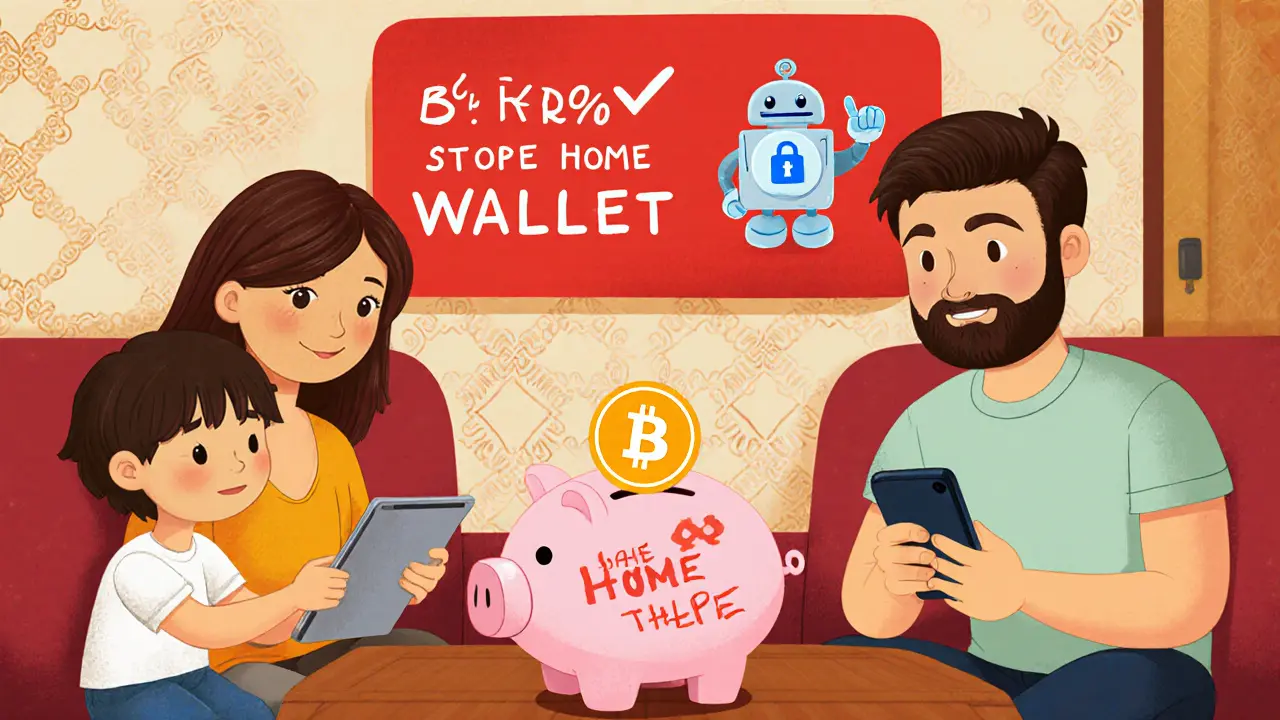 A Turkish family buying crypto on devices, with a child putting Bitcoin into a home piggy bank labeled &#039;Safe&#039;.