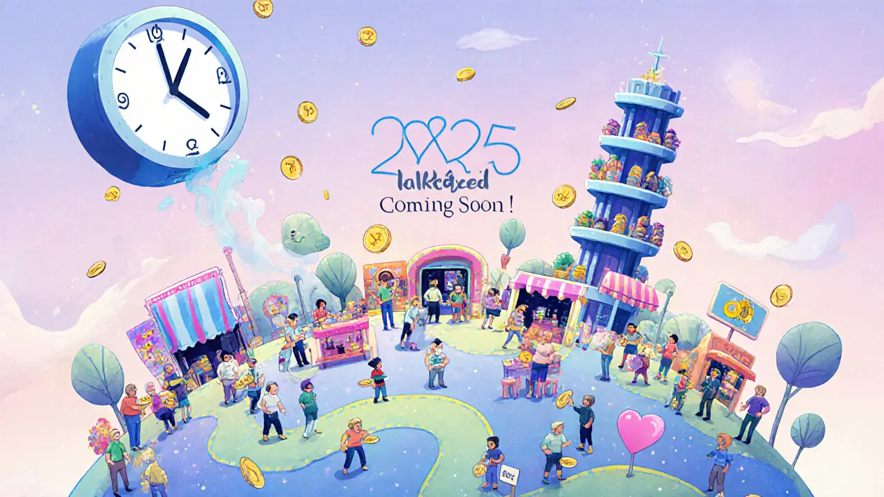 A whimsical marketplace on a futuristic planet where traders swap coins with no fees.