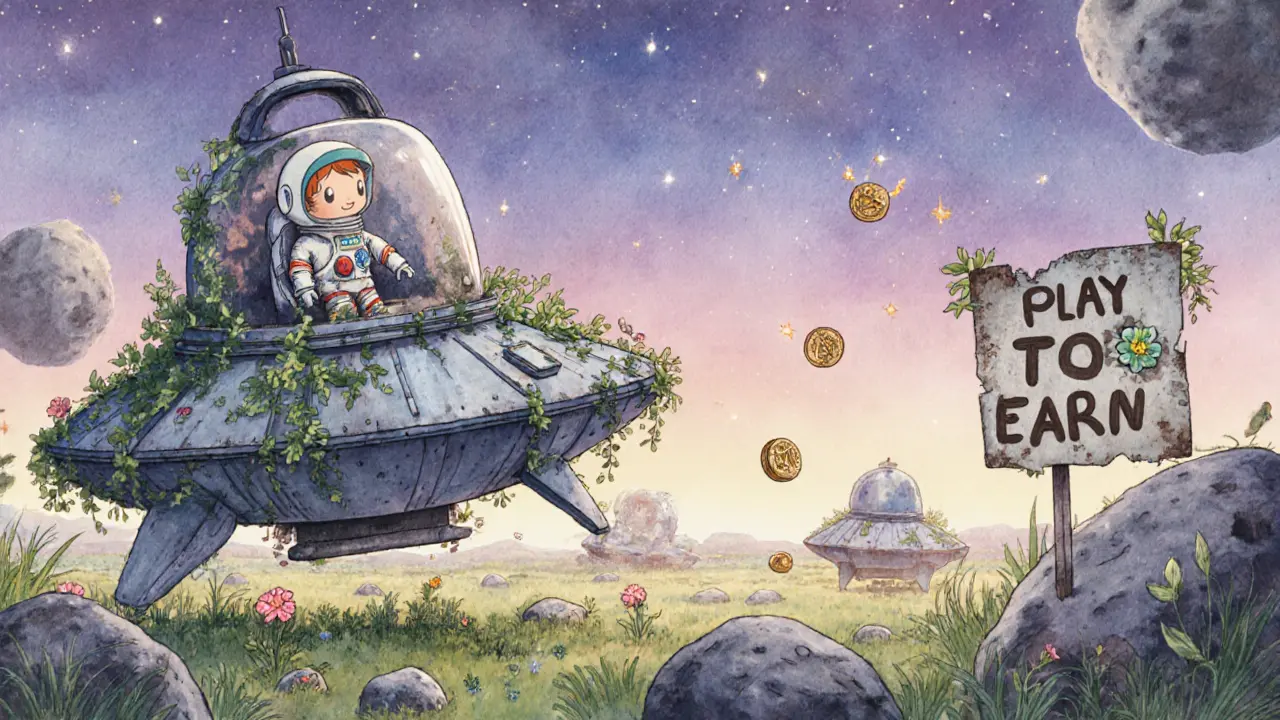 Abandoned spaceships overgrown with flowers under a dawn sky, with fading &#039;Play to Earn&#039; sign.