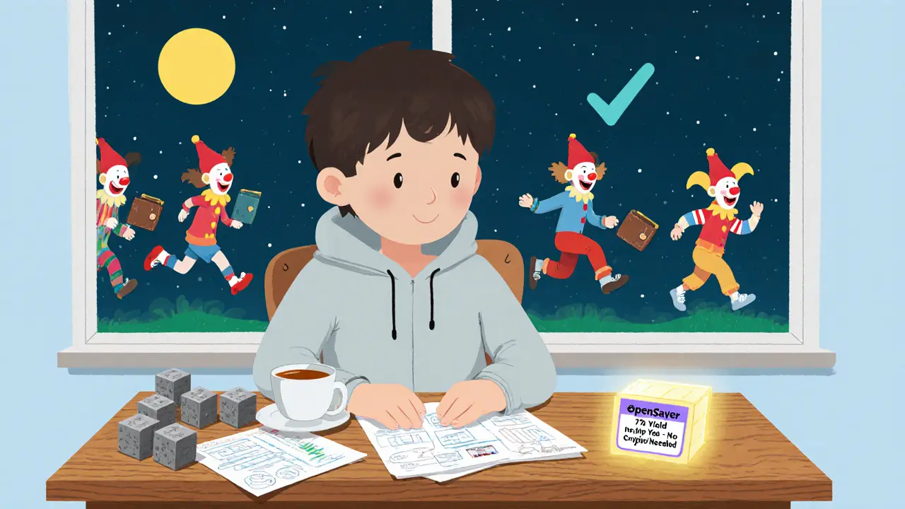 An engineer works with testnet tokens and a prototype labeled &#039;OpenSaver&#039; as cartoon scammers run away under a checkmark moon.