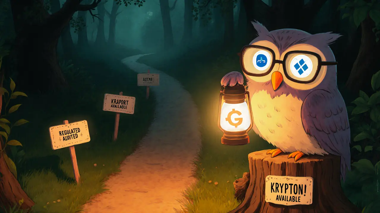 An owl teaches crypto safety rules with a glowing lantern, showing safe exchanges on a clear path.