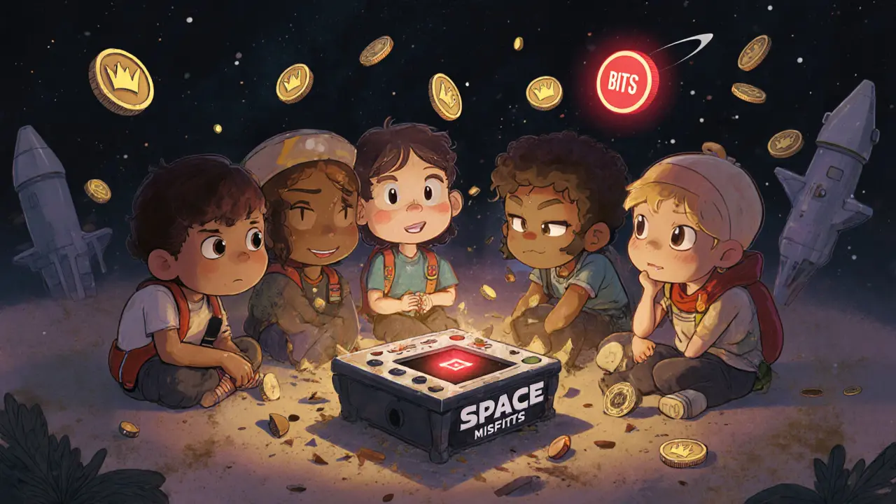 Sad space explorers watching CROWN tokens turn to dust beside a broken game console.