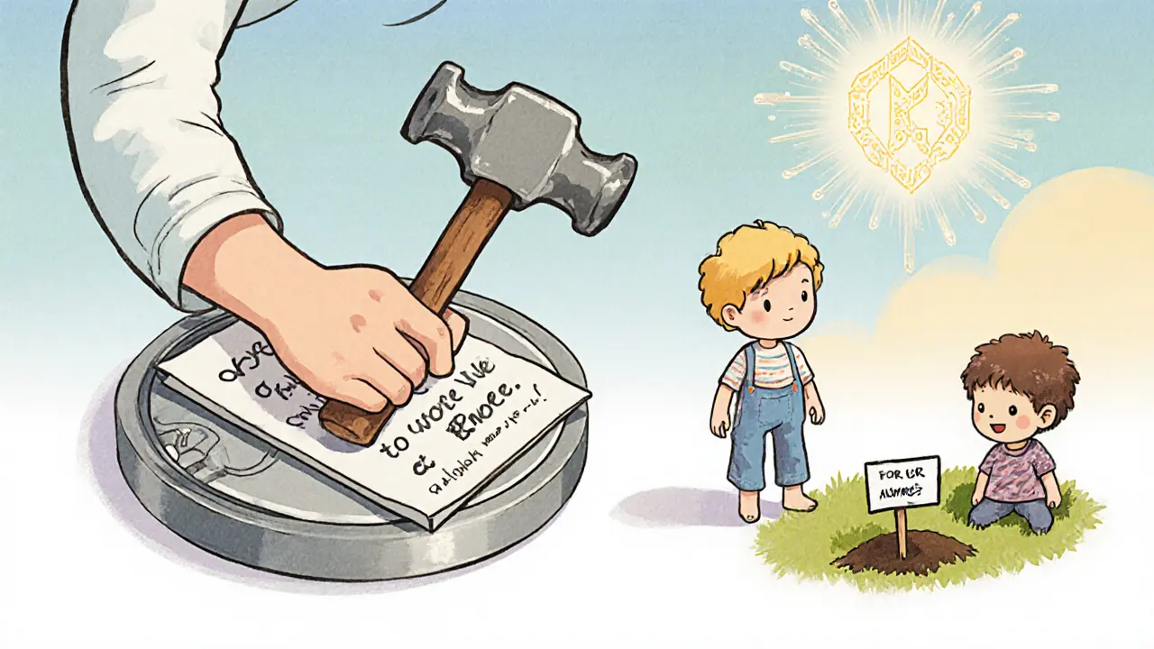 A child engraving a seed phrase on metal, storing copies in a safe and garden.