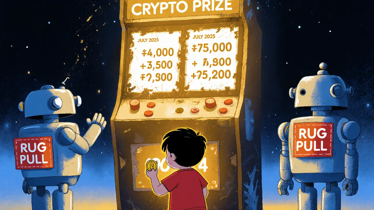 A child stares at a broken crypto machine showing fake prices as robots sneak away.