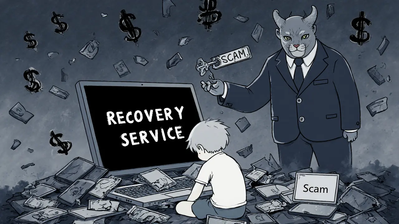 A child surrounded by broken devices, staring at a glowing &#039;Recovery Service&#039; scam sign.
