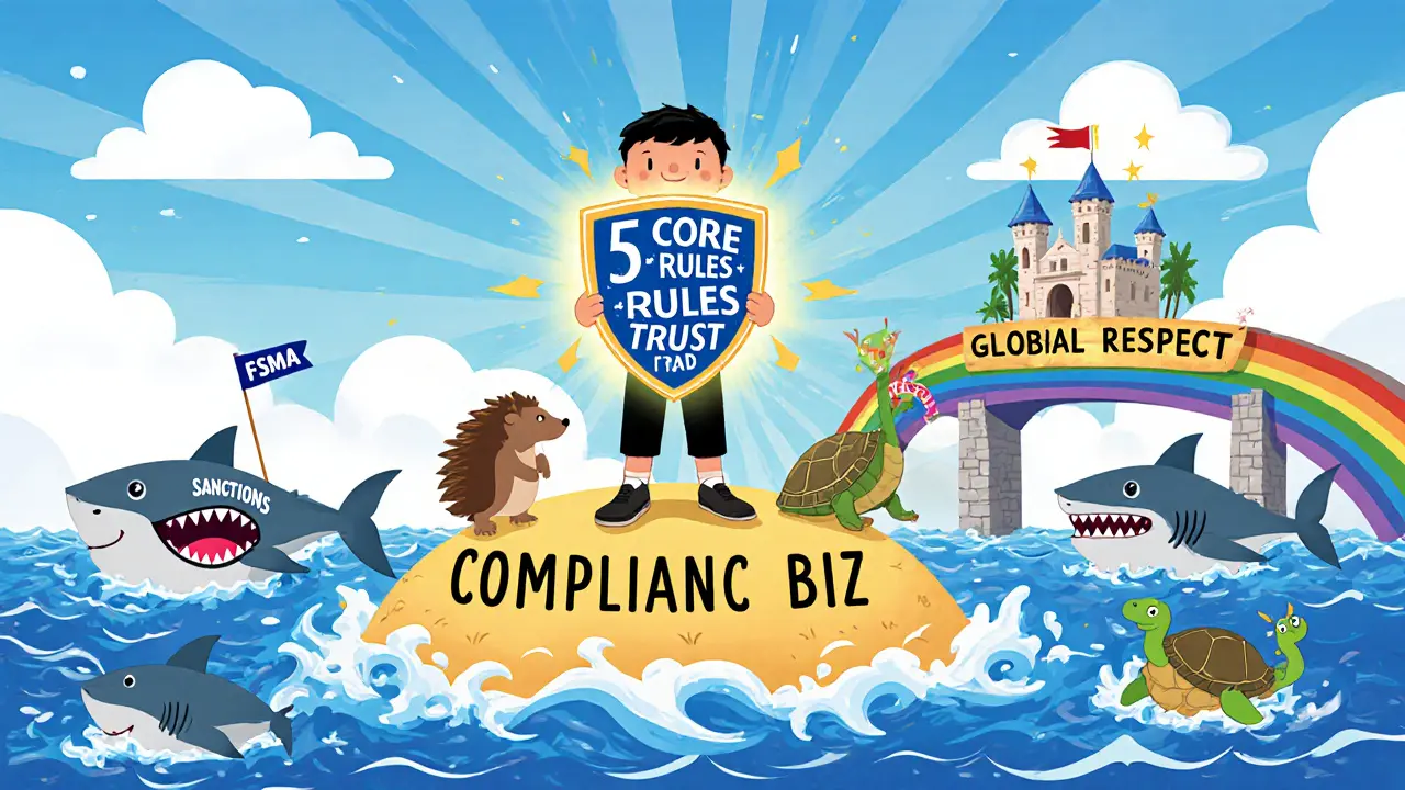 A founder on a safe island with a shield of compliance, crossing a rainbow bridge to trust.