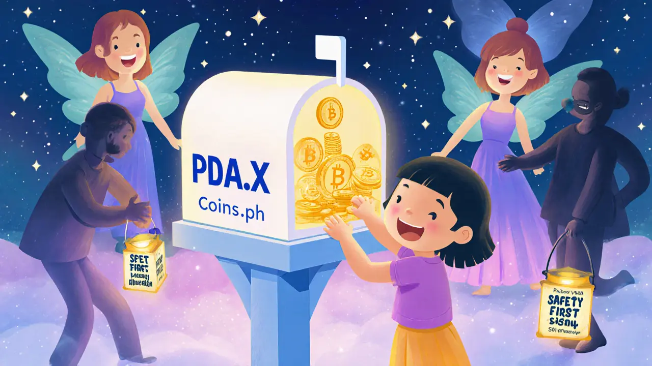 A girl deposits coins into a safe exchange mailbox while VPN users are gently guided away by fairies.