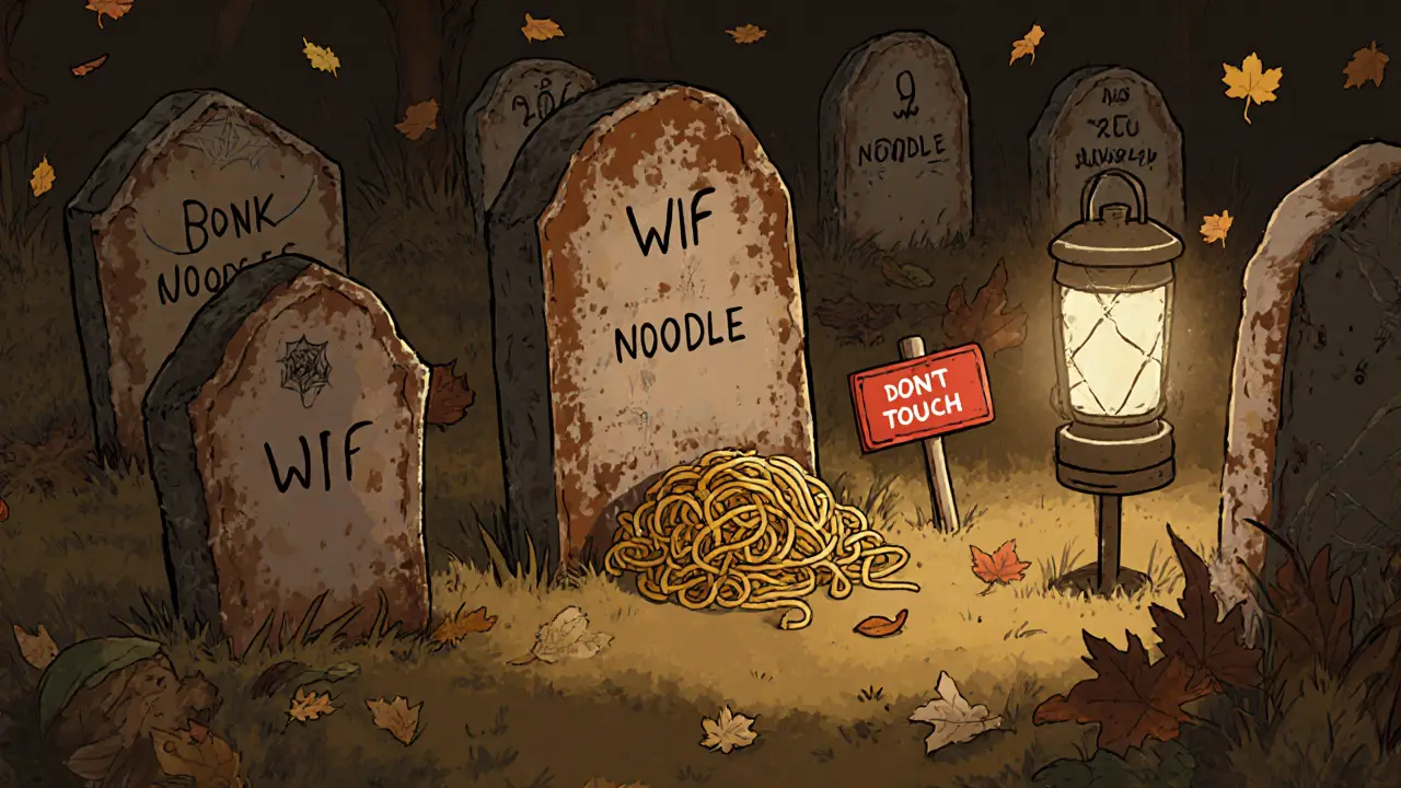 A graveyard of crypto tokens with only Noodle&#039;s tombstone covered in cobwebs and a dim lantern.