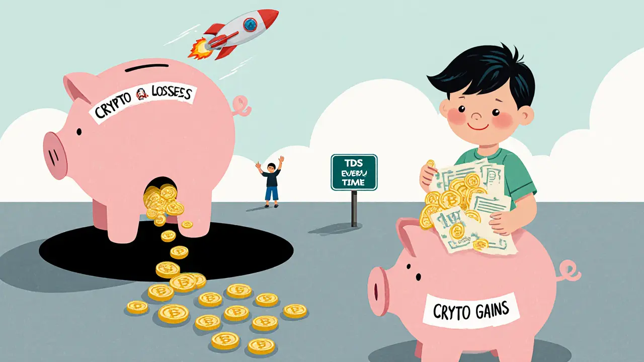 A leaking piggy bank of crypto losses draining into a black hole while gains turn into tax bills.
