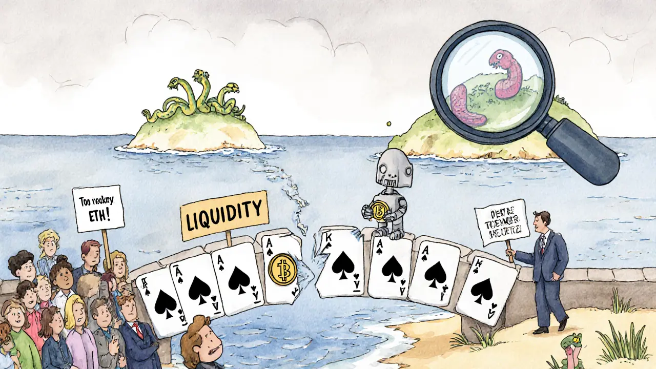 A robot trying to cross a broken bridge of playing cards, surrounded by skeptical investors.