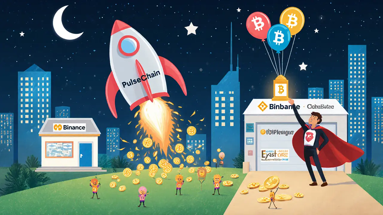 A rocket labeled PulseChain launching from a garage, while big exchanges sleep nearby.