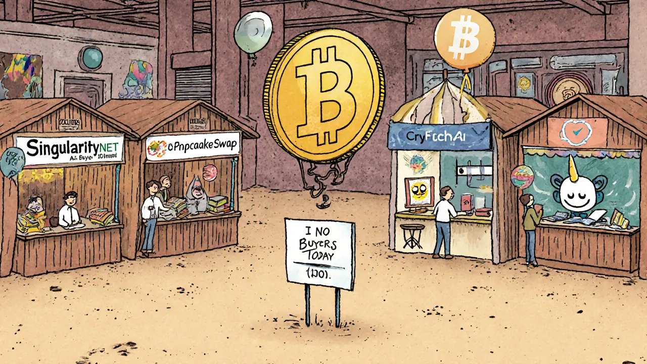 An empty crypto marketplace with one lonely AIC token floating alone, while other AI projects thrive nearby.