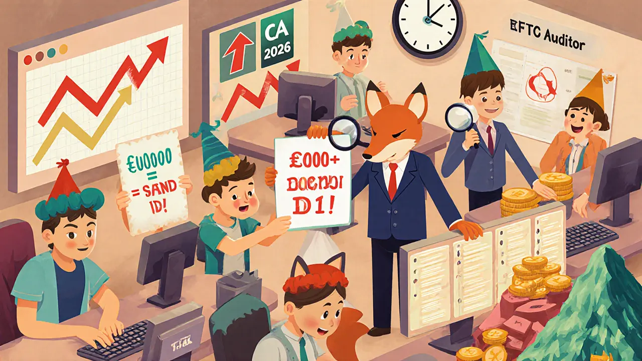 Crypto workers monitoring transactions as an FCA auditor checks their screens with a magnifying glass.